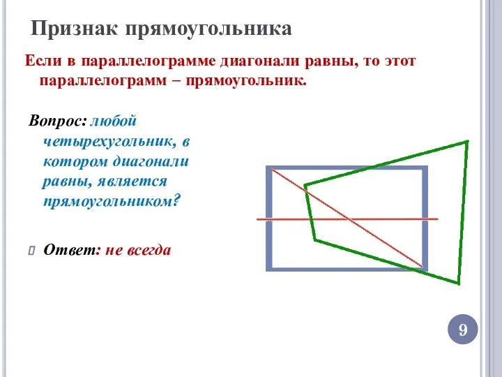 Признак прямоугольника Вопрос: любой четырехугольник, в котором диагонали равны, является прямоугольником? Ответ: