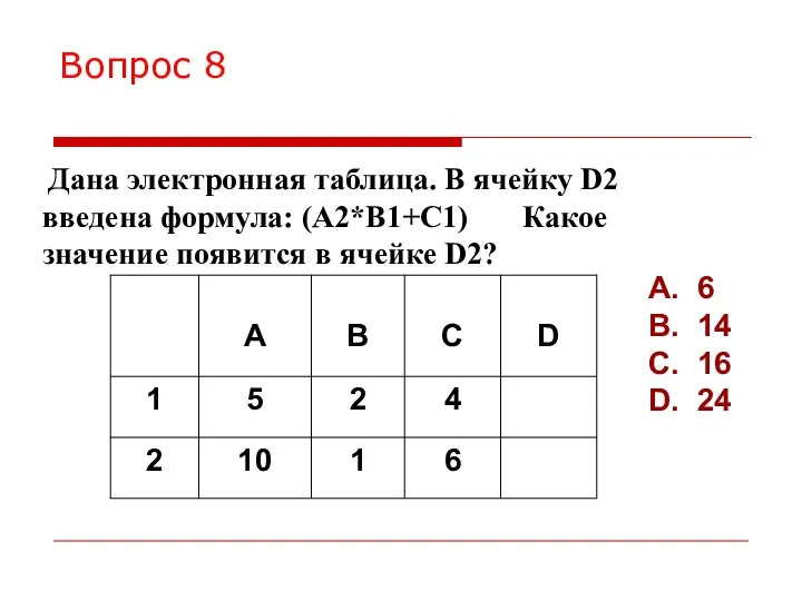 Вопрос 8 A. 6 B. 14 C. 16 D. 24