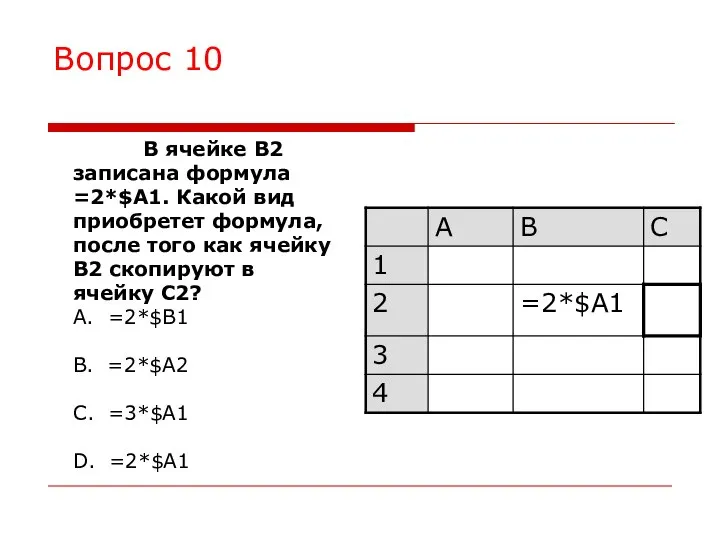 Вопрос 10 В ячейке B2 записана формула =2*$A1. Какой вид приобретет формула,