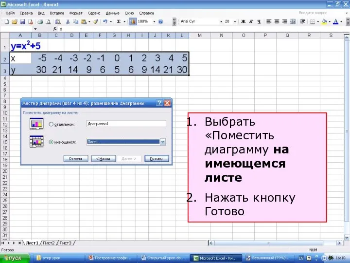 Выбрать «Поместить диаграмму на имеющемся листе Нажать кнопку Готово