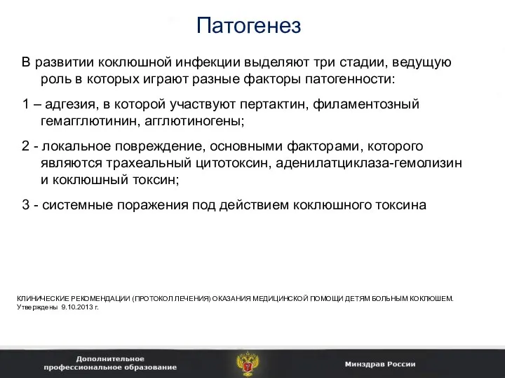 Патогенез В развитии коклюшной инфекции выделяют три стадии, ведущую роль в которых