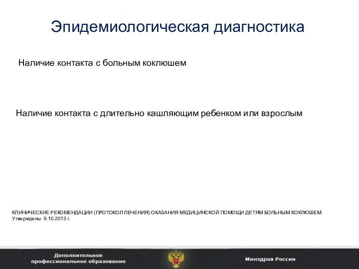 Эпидемиологическая диагностика Наличие контакта с больным коклюшем Наличие контакта с длительно кашляющим