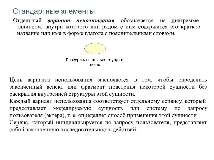 Стандартные элементы Отдельный вариант использования обозначается на диаграмме эллипсом, внутри которого или