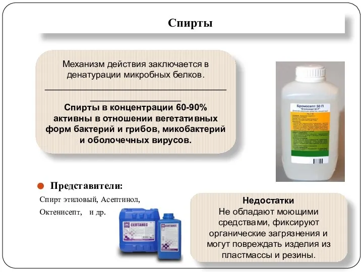 Спирты Представители: Спирт этиловый, Асептинол, Октенисепт, и др. Механизм действия заключается в