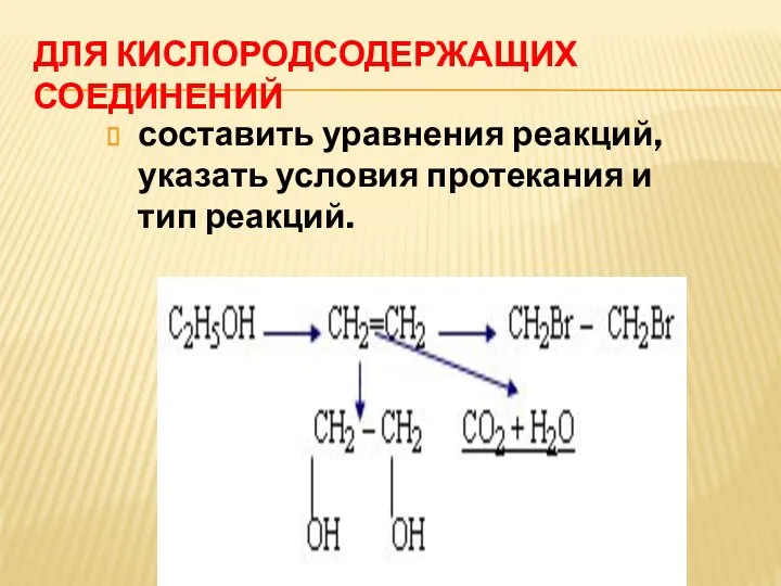 ДЛЯ КИСЛОРОДСОДЕРЖАЩИХ СОЕДИНЕНИЙ составить уравнения реакций, указать условия протекания и тип реакций.