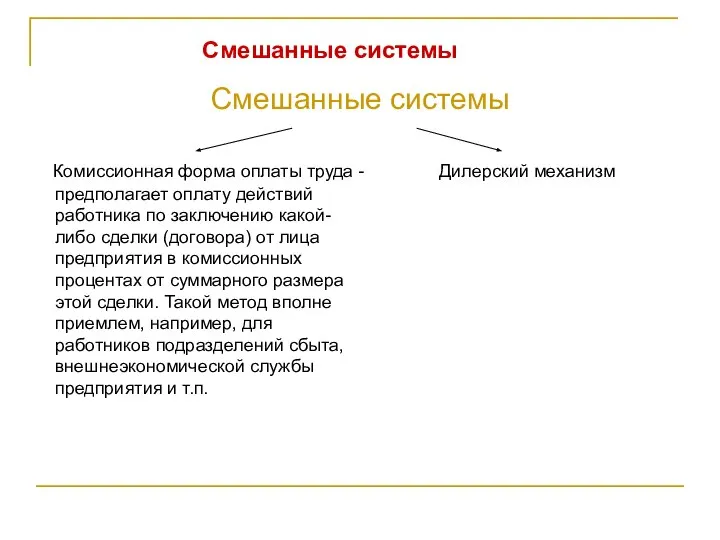 Смешанные системы Смешанные системы Комиссионная форма оплаты труда - Дилерский механизм предполагает