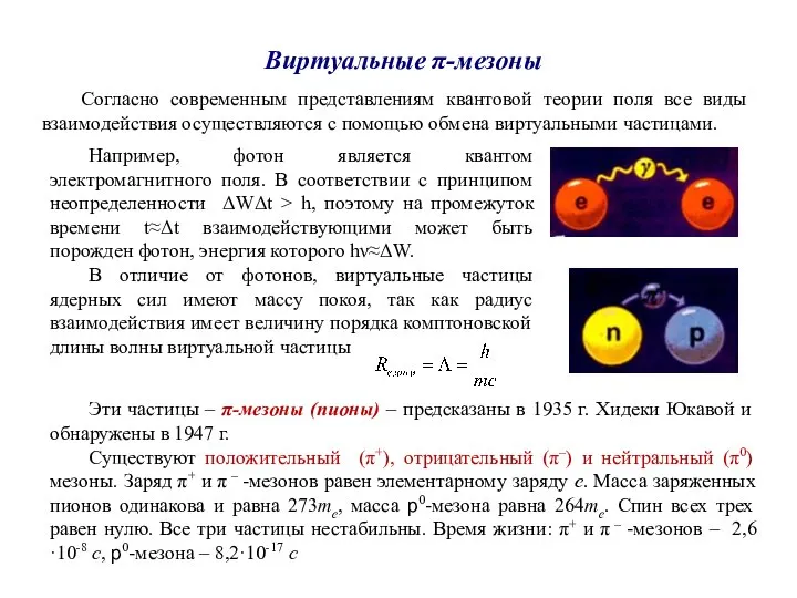 Виртуальные π-мезоны Согласно современным представлениям квантовой теории поля все виды взаимодействия осуществляются