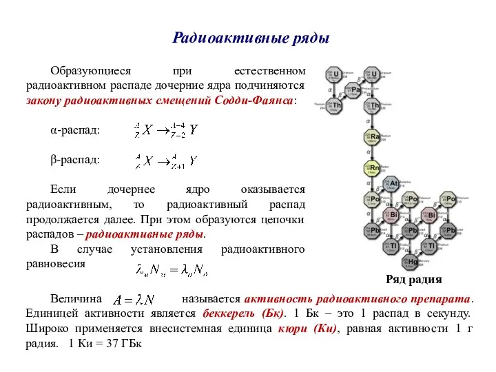 Радиоактивные ряды Образующиеся при естественном радиоактивном распаде дочерние ядра подчиняются закону радиоактивных