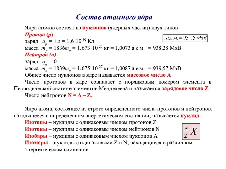 Состав атомного ядра Ядра атомов состоят из нуклонов (ядерных частиц) двух типов: