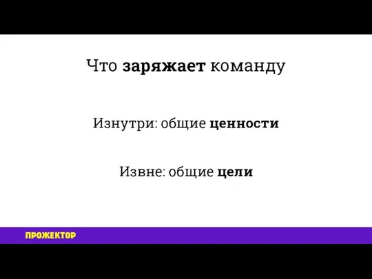 Что заряжает команду Изнутри: общие ценности Извне: общие цели