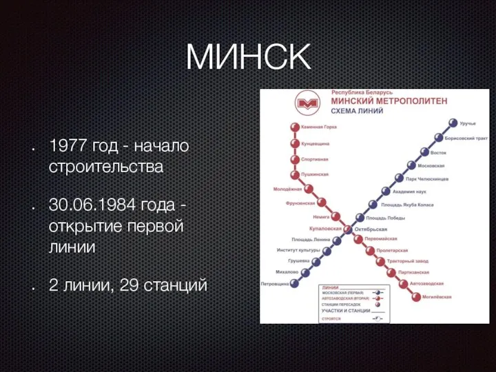 МИНСК 1977 год - начало строительства 30.06.1984 года - открытие первой линии 2 линии, 29 станций