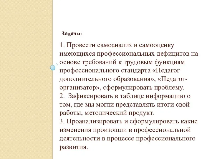 1. Провести самоанализ и самооценку имеющихся профессиональных дефицитов на основе требований к