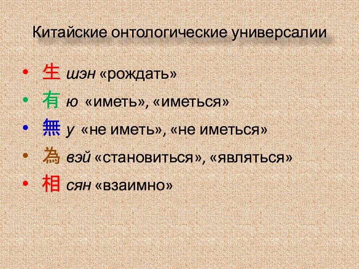 生 шэн «рождать» 有 ю «иметь», «иметься» 無 у «не иметь», «не