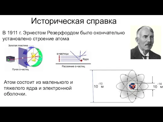 Историческая справка В 1911 г. Эрнестом Резерфордом было окончательно установлено строение атома