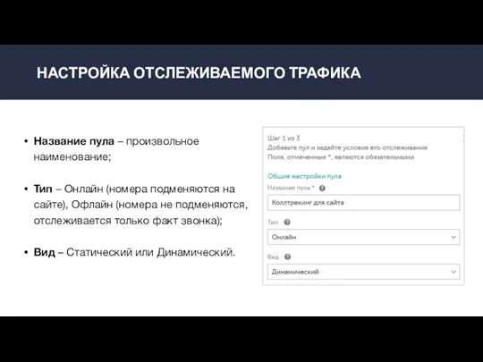 НАСТРОЙКА ОТСЛЕЖИВАЕМОГО ТРАФИКА Название пула – произвольное наименование; Тип – Онлайн (номера