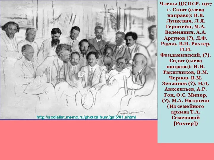 http://socialist.memo.ru/photoalbum/gal5/01.shtml Члены ЦК ПСР, 1917 г. Стоят (слева направо): В.В. Лункевич, Л.Я.