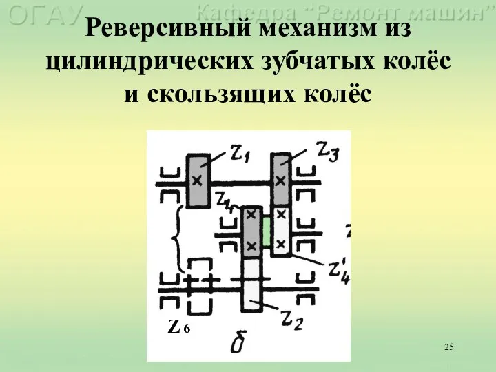 Реверсивный механизм из цилиндрических зубчатых колёс и скользящих колёс