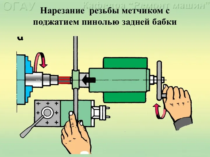 Нарезание резьбы метчиком с поджатием пинолью задней бабки