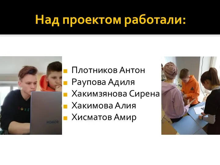 Над проектом работали: Плотников Антон Раупова Адиля Хакимзянова Сирена Хакимова Алия Хисматов Амир