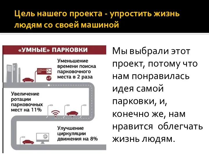 Цель нашего проекта - упростить жизнь людям со своей машиной Мы выбрали