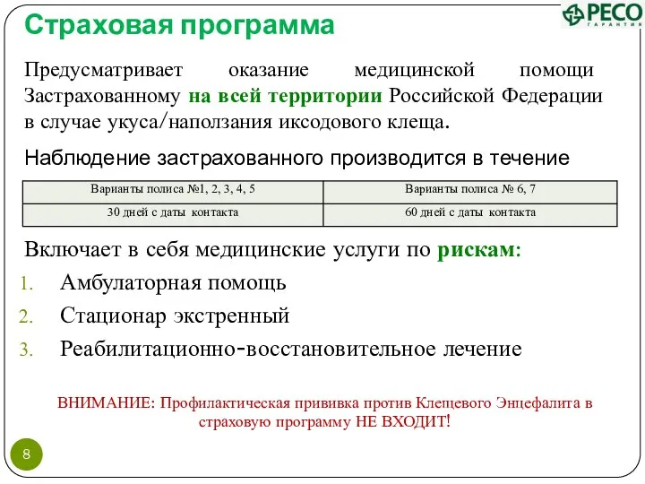 Страховая программа Включает в себя медицинские услуги по рискам: Амбулаторная помощь Стационар