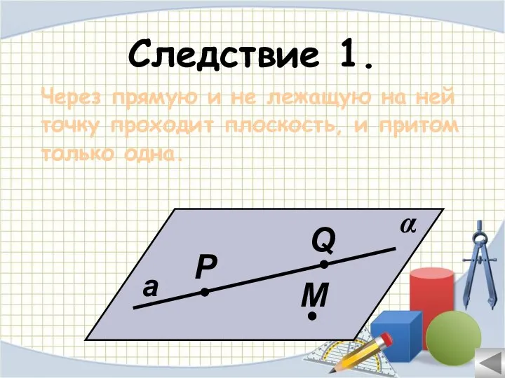 Следствие 1. Через прямую и не лежащую на ней точку проходит плоскость,