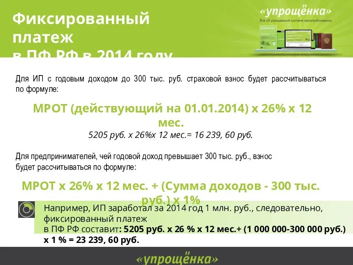 Фиксированный платеж в ПФ РФ в 2014 году Для ИП с годовым