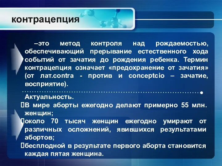 контрацепция –это метод контроля над рождаемостью, обеспечивающий прерывание естественного хода событий от