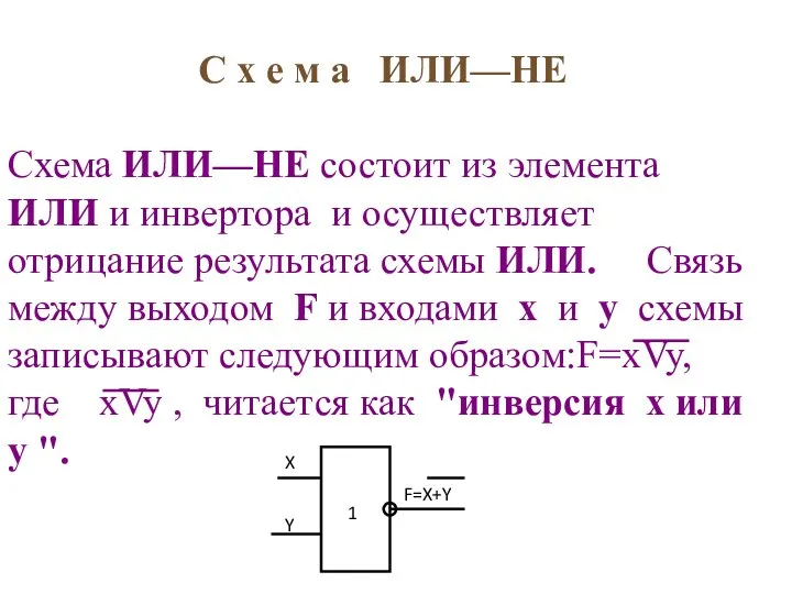 С х е м а ИЛИ—НЕ Схема ИЛИ—НЕ состоит из элемента ИЛИ