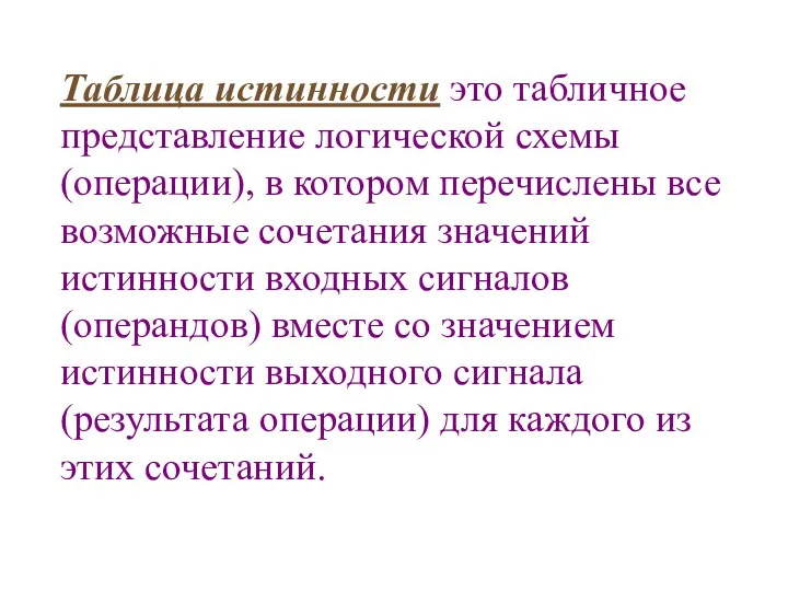 Таблица истинности это табличное представление логической схемы (операции), в котором перечислены все