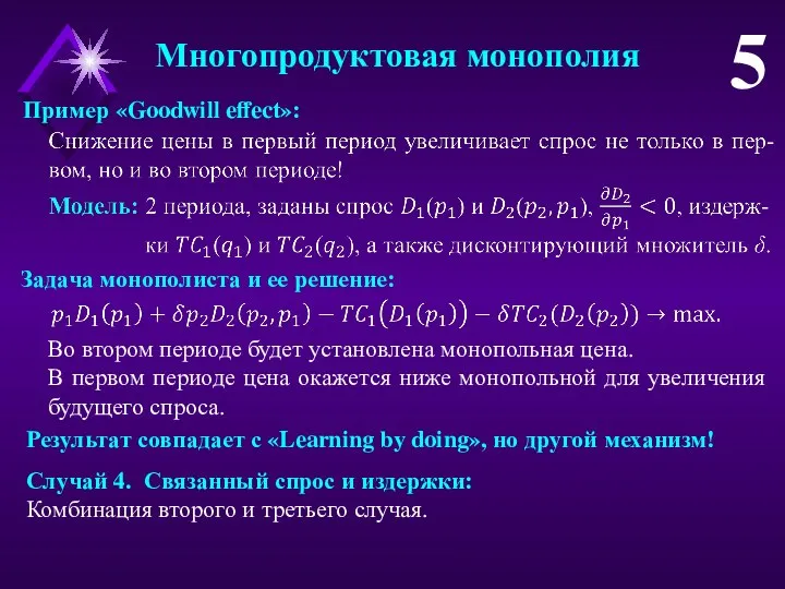 Многопродуктовая монополия 5 Пример «Goodwill effect»: Задача монополиста и ее решение: Во