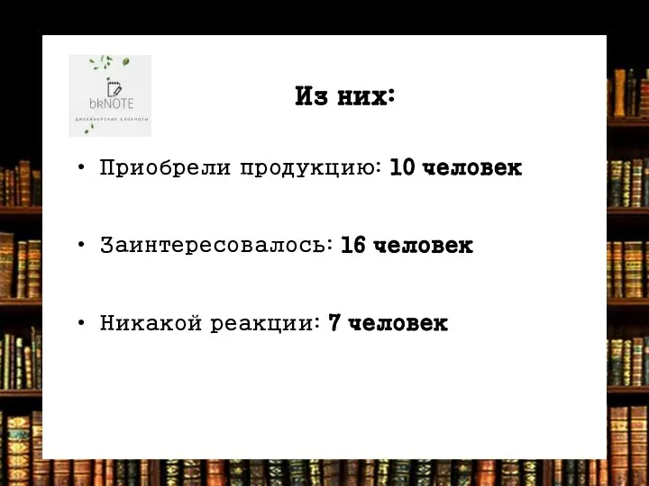 1 2 3 Из них: Приобрели продукцию: 10 человек Заинтересовалось: 16 человек Никакой реакции: 7 человек