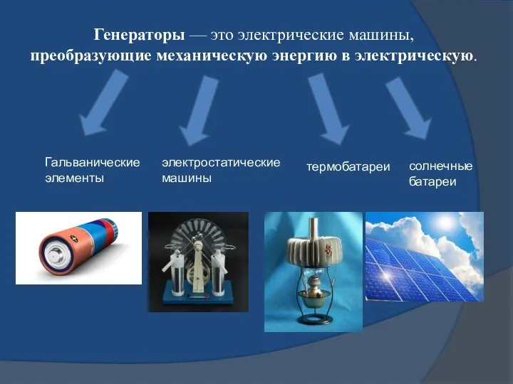 Генераторы — это электрические машины, преобразующие механическую энергию в электрическую. Гальванические элементы