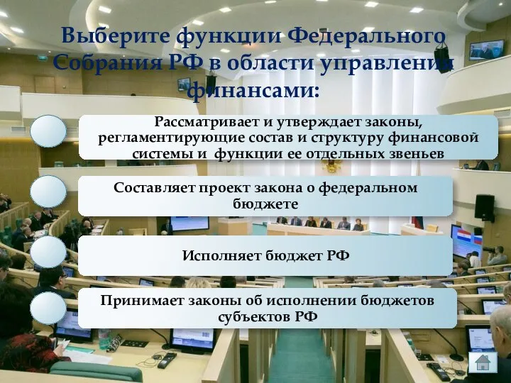 Выберите функции Федерального Собрания РФ в области управления финансами: