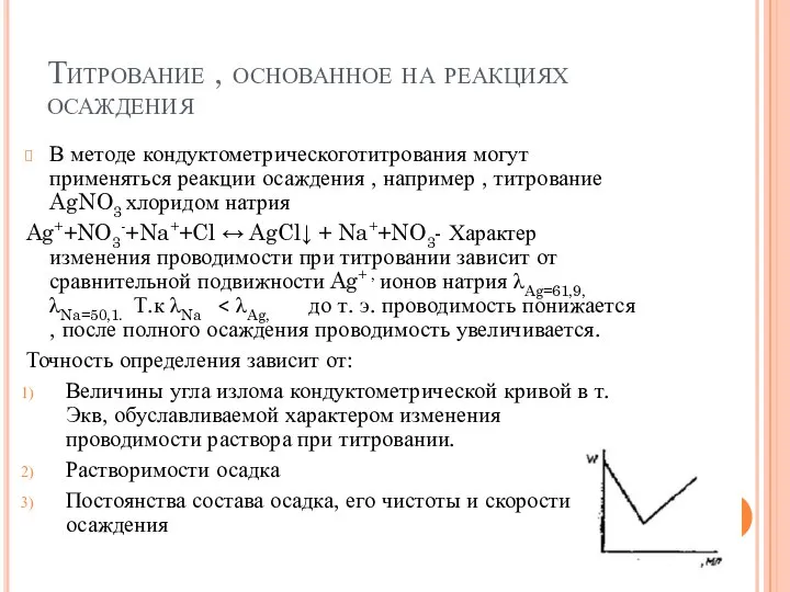 Титрование , основанное на реакциях осаждения В методе кондуктометрическоготитрования могут применяться реакции