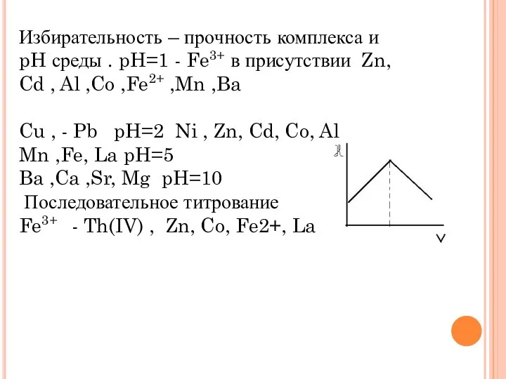 Избирательность – прочность комплекса и pH среды . pH=1 - Fe3+ в