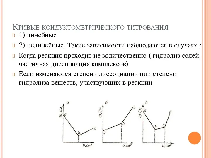 Кривые кондуктометрического титрования 1) линейные 2) нелинейные. Такие зависимости наблюдаются в случаях