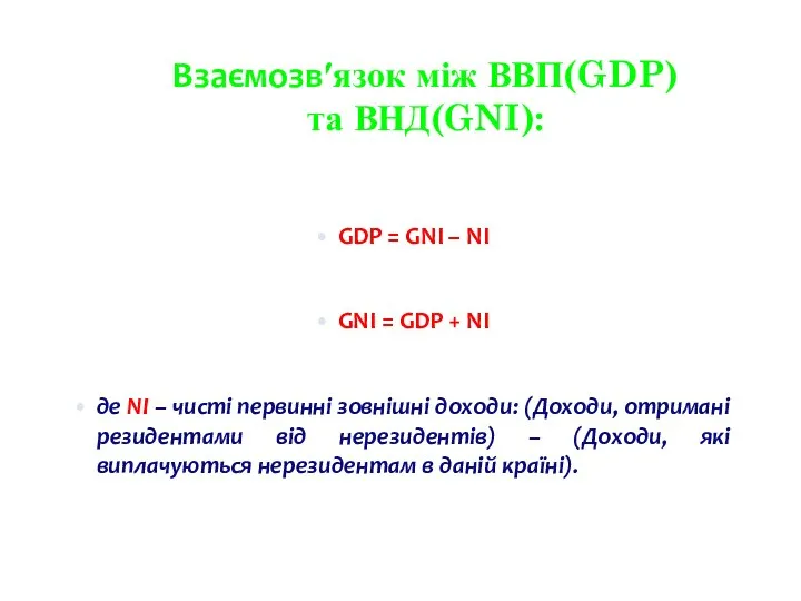 Взаємозв′язок між ВВП(GDP) та ВНД(GNI): GDP = GNI – NI GNI =