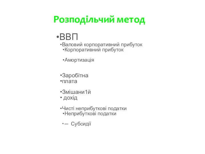 Розподільчий метод ВВП Валовий корпоративний прибуток Корпоративний прибуток Амортизація Заробітна плата Змішани1й