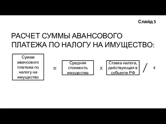 Слайд 5 РАСЧЕТ СУММЫ АВАНСОВОГО ПЛАТЕЖА ПО НАЛОГУ НА ИМУЩЕСТВО: Сумма авансового