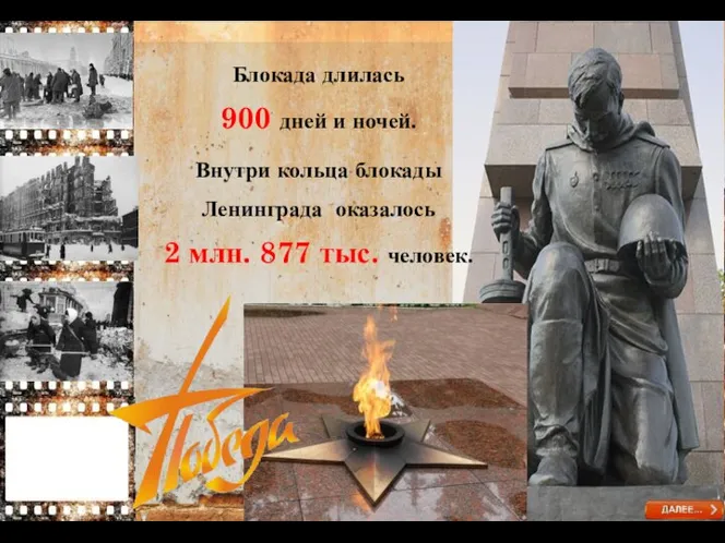 Блокада длилась 900 дней и ночей. Внутри кольца блокады Ленинграда оказалось 2 млн. 877 тыс. человек.