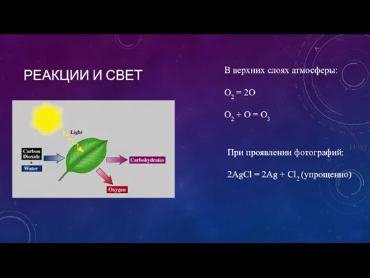 РЕАКЦИИ И СВЕТ В верхних слоях атмосферы: O2 = 2O O2 +