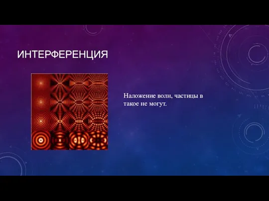 ИНТЕРФЕРЕНЦИЯ Наложение волн, частицы в такое не могут.