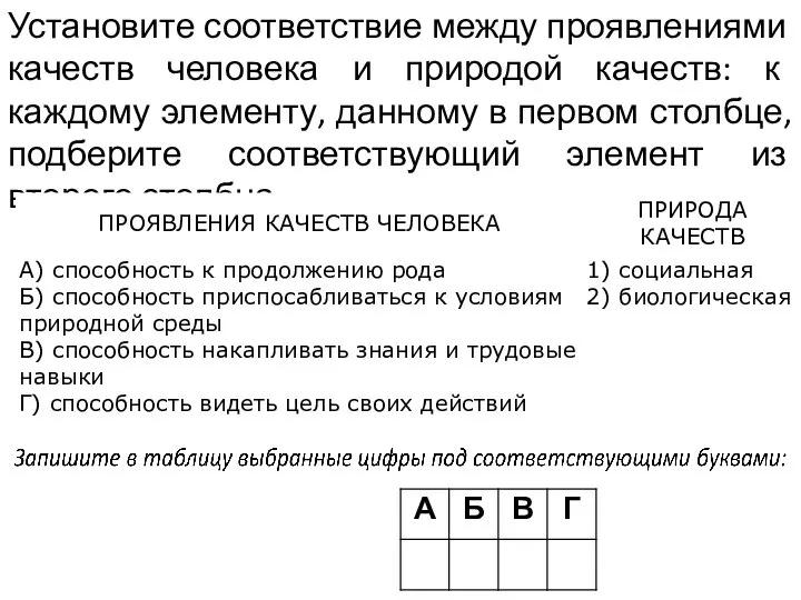 Установите соответствие между проявлениями качеств человека и природой качеств: к каждому элементу,