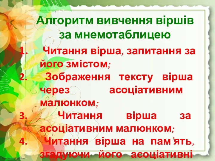 Алгоритм вивчення віршів за мнемотаблицею Читання вірша, запитання за його змістом; Зображення