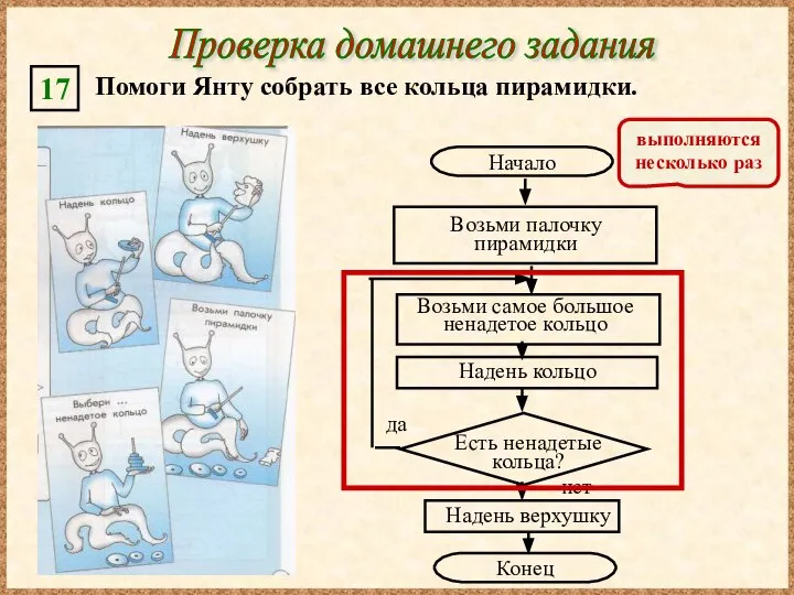 Проверка домашнего задания Помоги Янту собрать все кольца пирамидки. 17 Начало Конец