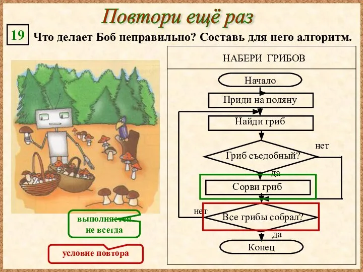 Что делает Боб неправильно? Составь для него алгоритм. 19 Повтори ещё раз