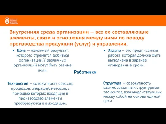 Внутренняя среда организации — все ее составляющие элементы, связи и отношения между