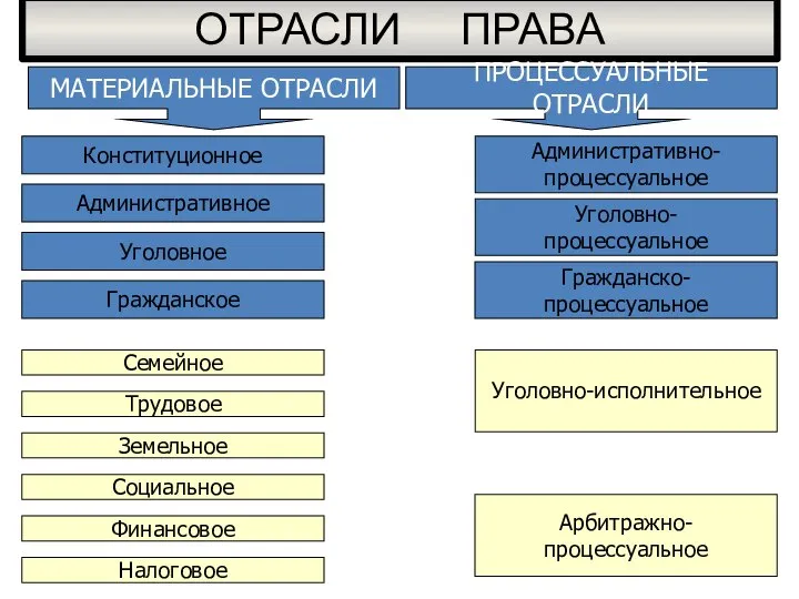 ОТРАСЛИ ПРАВА МАТЕРИАЛЬНЫЕ ОТРАСЛИ ПРОЦЕССУАЛЬНЫЕ ОТРАСЛИ Конституционное Административное Уголовное Гражданское Административно- процессуальное