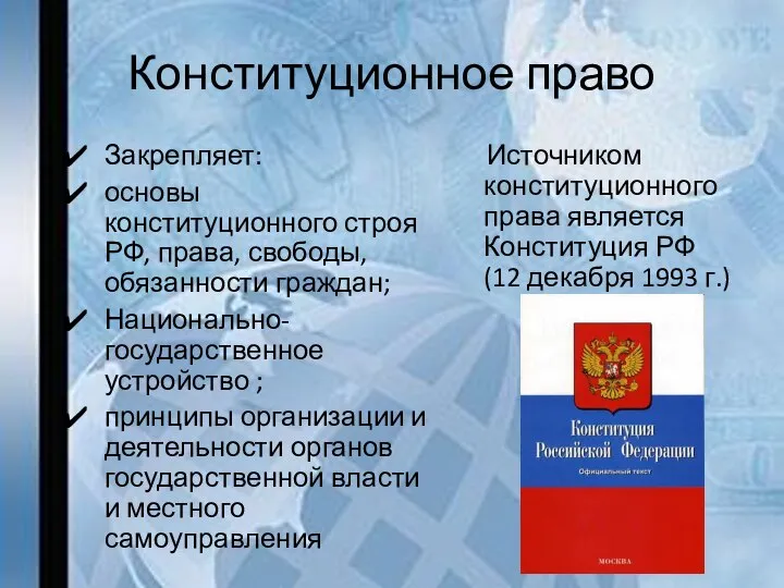 Конституционное право Закрепляет: основы конституционного строя РФ, права, свободы, обязанности граждан; Национально-государственное